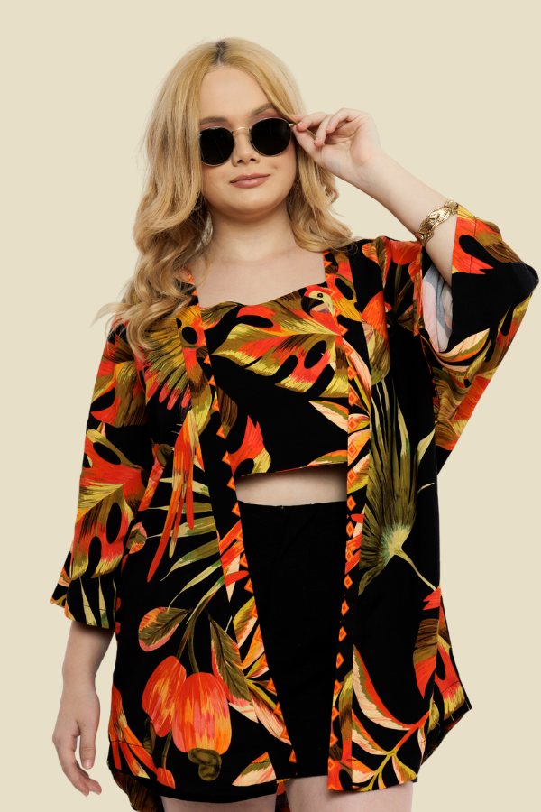 CROPPED + KIMONO LUA ARARA CAJU FUNDO PRETO