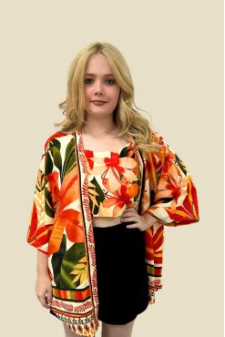 CROPPED + KIMONO LUA FLORAL LARANJA FUNDO BEGE