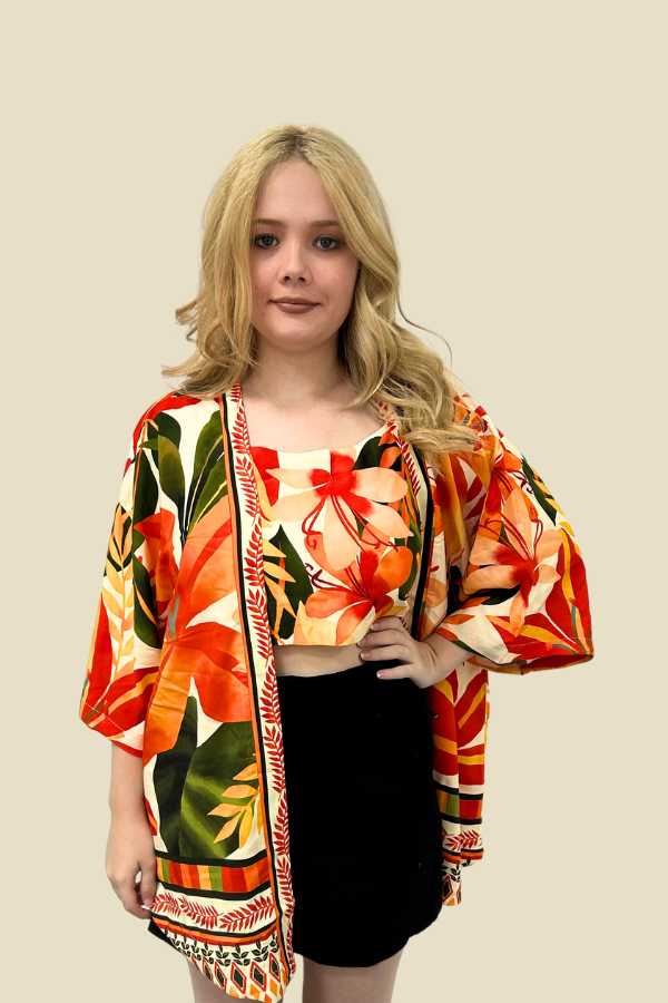 CROPPED + KIMONO LUA FLORAL LARANJA FUNDO BEGE