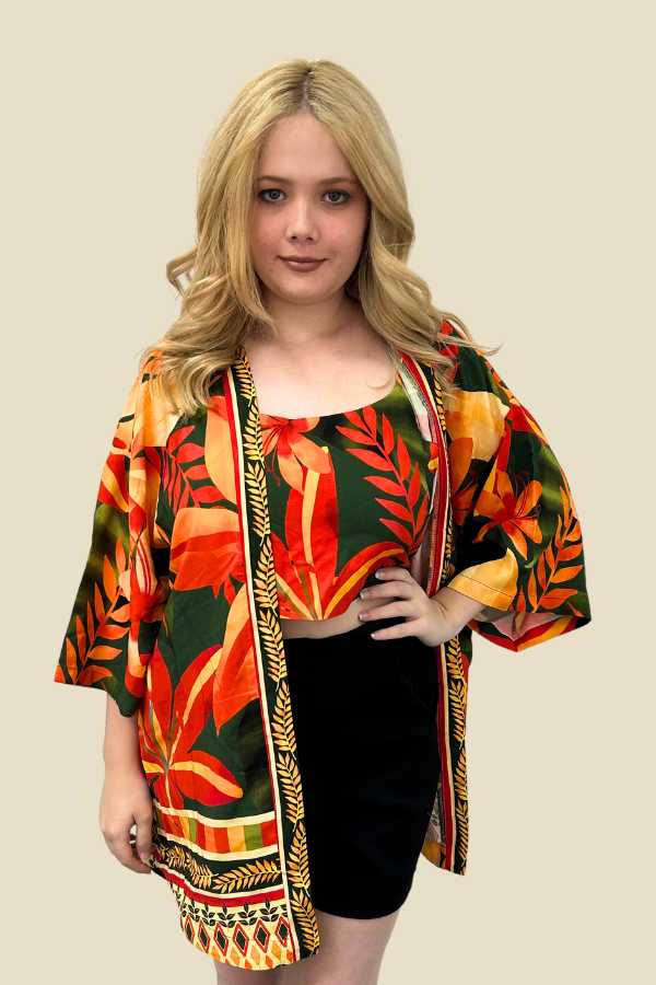 CROPPED + KIMONO LUA FLORAL LARANJA FUNDO VERDE