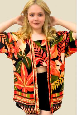 CROPPED + KIMONO LUA FLORAL LARANJA FUNDO PRETO
