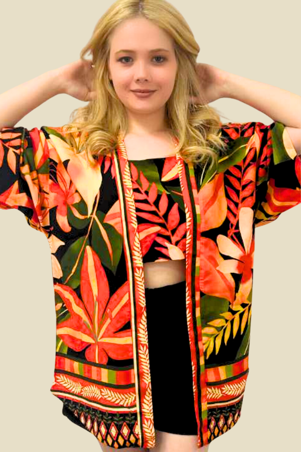 CROPPED + KIMONO LUA FLORAL LARANJA FUNDO PRETO