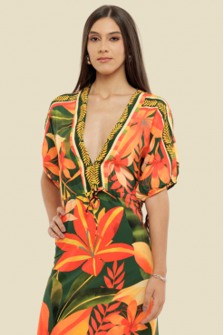VESTIDO LONGO MANGA CURTA CAROL FLORAL LARANJA FUNDO VERDE