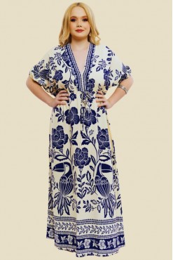 VESTIDO LONGO MANGA CURTA CAROL FLORAL TUCANO AZUL