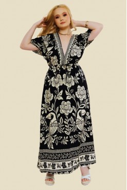VESTIDO LONGO MANGA CURTA CAROL FLORAL TUCANO PRETO