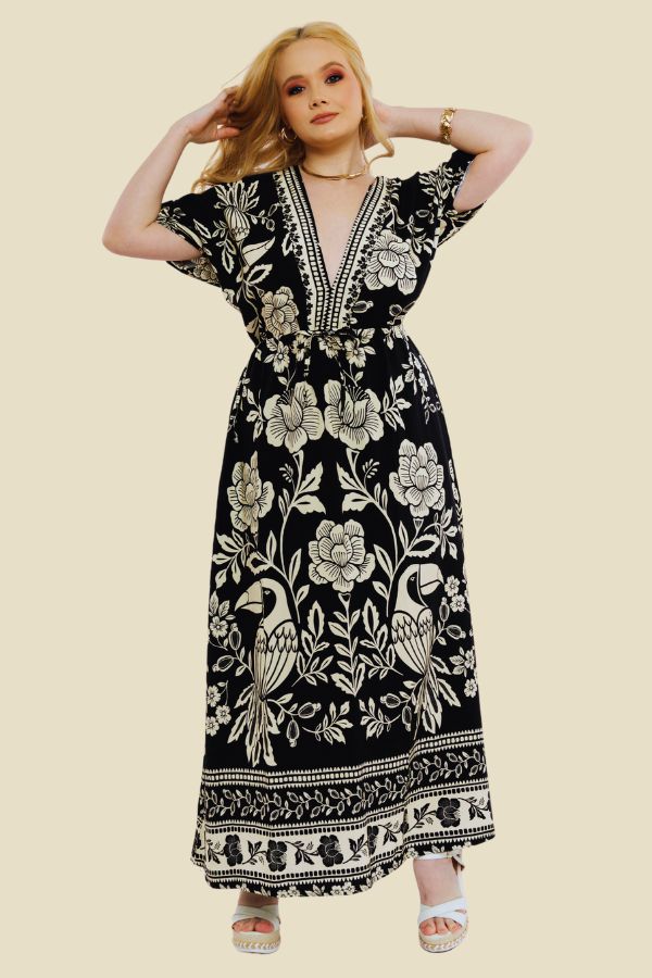 VESTIDO LONGO MANGA CURTA CAROL FLORAL TUCANO PRETO