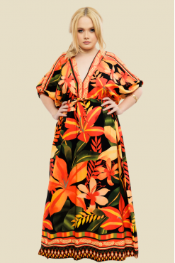 VESTIDO LONGO MANGA CURTA CAROL FLORAL LARANJA FUNDO PRETO