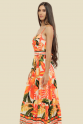 VESTIDO LONGO COM ALÇA/CINTO CRIS FLORAL LARANJA FUNDO BEGE