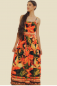 VESTIDO LONGO COM ALÇA/CINTO CRIS FLORAL LARANJA FUNDO PRETO