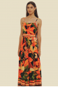 VESTIDO LONGO COM ALÇA/CINTO CRIS FLORAL LARANJA FUNDO PRETO