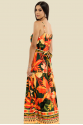 VESTIDO LONGO COM ALÇA/CINTO CRIS FLORAL LARANJA FUNDO VERDE