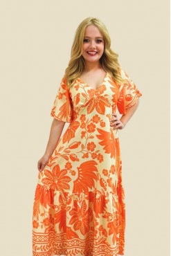 VESTIDO LONGO COM MANGA BIA BANANA LARANJA CLARO