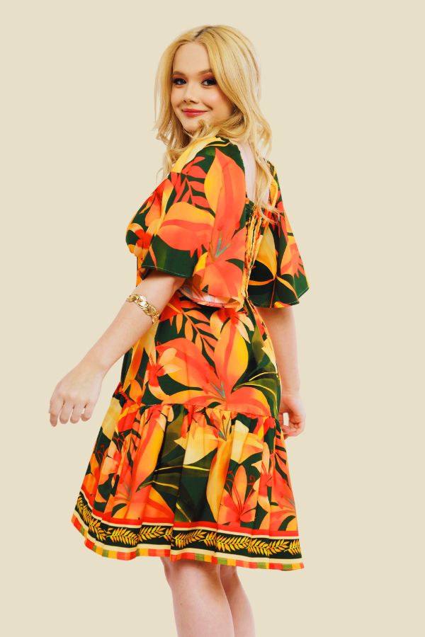 VESTIDO CURTO COM MANGA MAYRA FLORAL LARANJA FUNDO VERDE