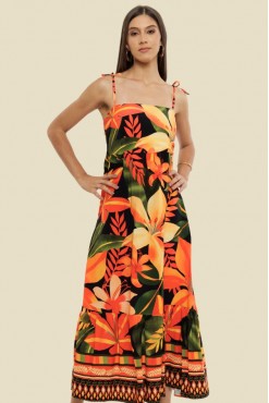 VESTIDO LONGO ALÇA JULIA FLORAL LARANJA FUNDO PRETO