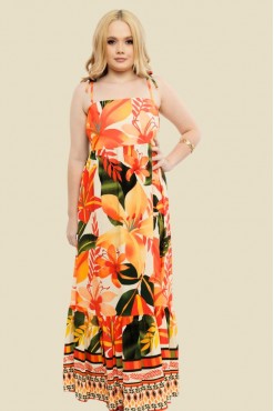 VESTIDO LONGO ALÇA JULIA FLORAL LARANJA FUNDO BEGE