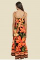 VESTIDO LONGO ALÇA JULIA FLORAL LARANJA FUNDO PRETO